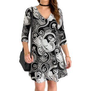 Papillon Womens M Black White Paisley Print Dress 3/4 Sleeve Stretch V-Neck